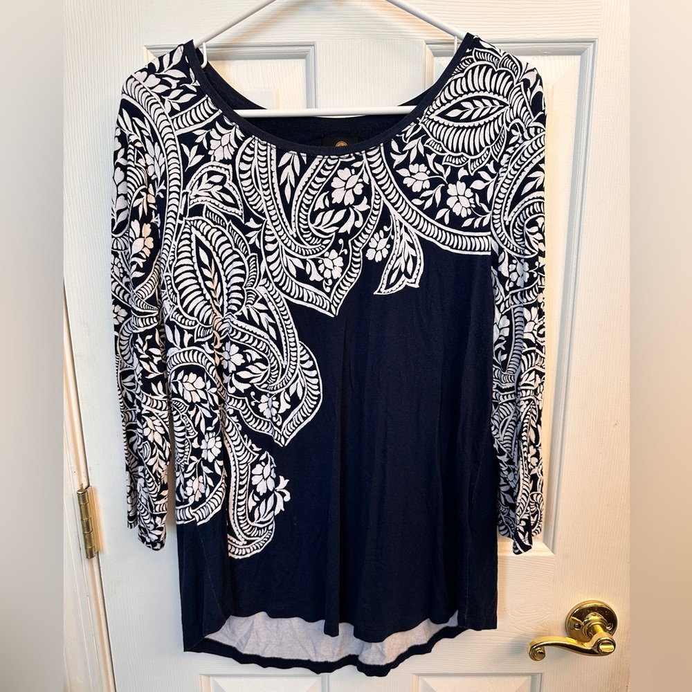 JM Collection Navy and White Floral Long Sleeve Top